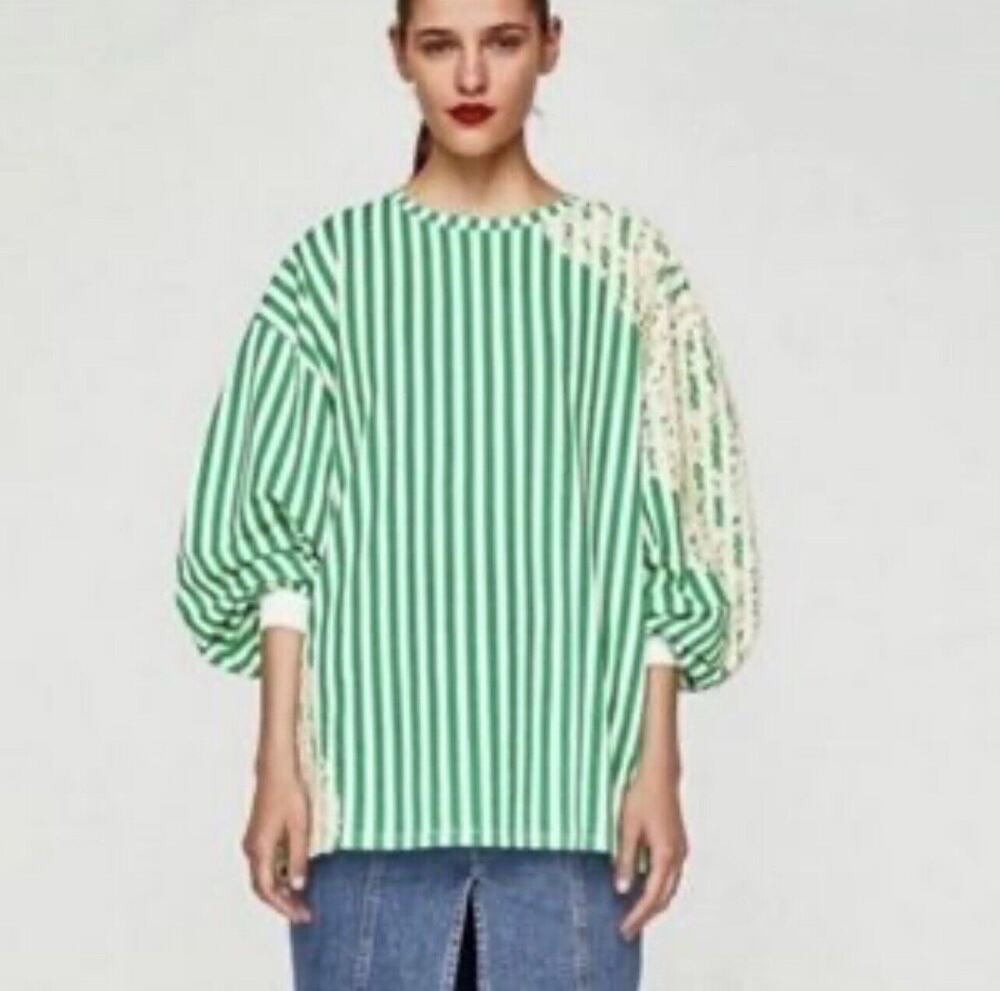 Zara Green & White Striped Sweatshirt with lace Size Medium Lagenlook Sweater